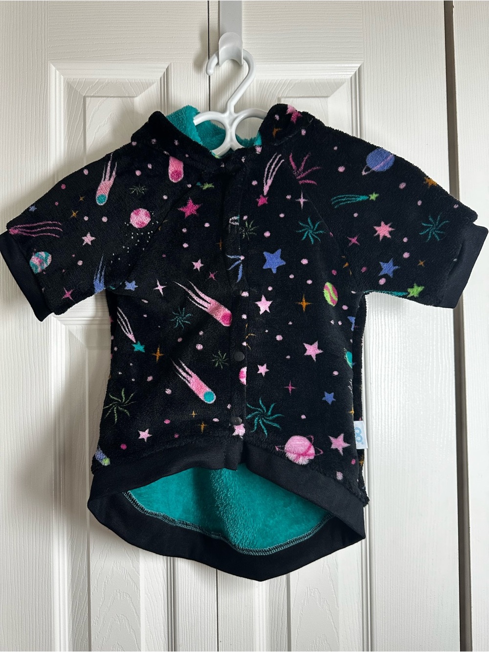 Cozy Space-Print Fleece Dog Hoodie - Black with Teal Lining XL XXL